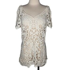 Grand & Greene Cotton Cream Crochet Lace Knit V-Neck Short Sleeve Top Boho Large